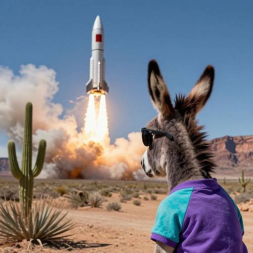 Photograph of a donkey wearing sunglasses and a blue-purple shirt, facing a rocket launch in a desert with cacti, mountains, and clear