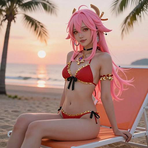 Anime style person in red bikini at beach sunset