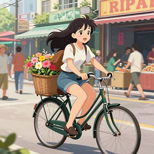 Anime-style digital drawing of a young woman with black hair, white shirt, blue shorts, and brown shoes, riding a green bicycle with a flower basket