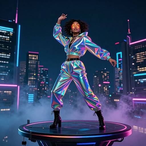 Photograph of a Black woman with curly hair, wearing shiny, iridescent crop top and pants, standing on a stage in a neon-lit