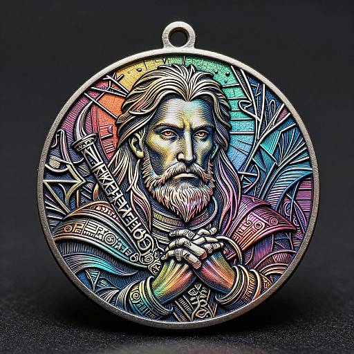 Vividly colored, circular metal pendant with intricate, multi-toned engraving of bearded Jesus Christ surrounded by geometric patterns and symbols.