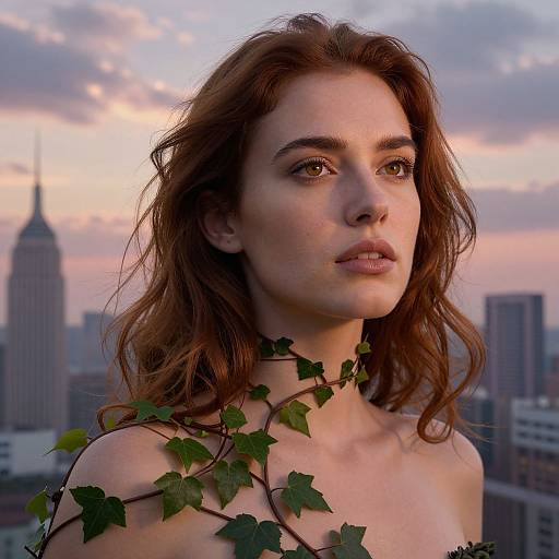Photograph of a fair-skinned woman with wavy brown hair, green leaf vine around neck, gazing at sunset skyline with skyscrapers.