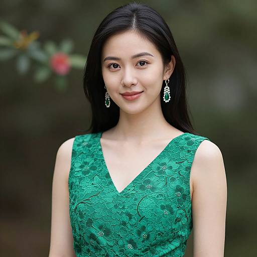 Photograph of an Asian woman with long black hair, wearing a green lace V-neck dress, and dangling earrings, standing outdoors.