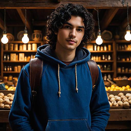 Young Man in Blue Hoodie at Medieval Market Stall