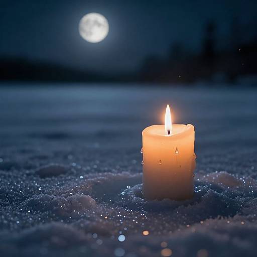 Photograph of a glowing orange candle in snow at night, with a full moon in the dark blue sky background.