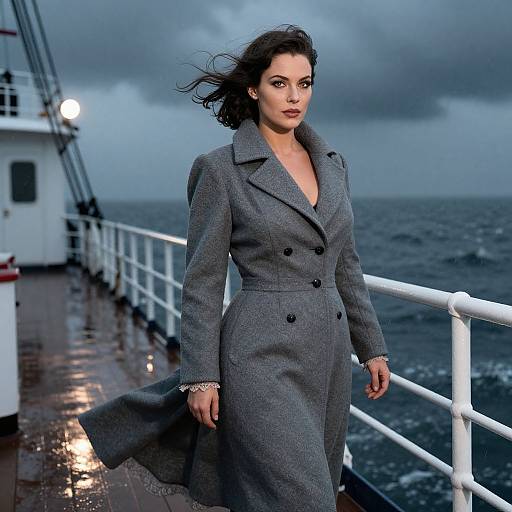 Photograph of a confident woman in a gray double-breasted coat, standing on a wet ship deck with stormy ocean background.