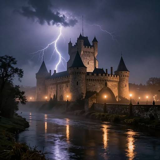 Photograph of a medieval stone castle illuminated by lightning, standing over a reflective river with glowing street lamps and dark, stormy sky.