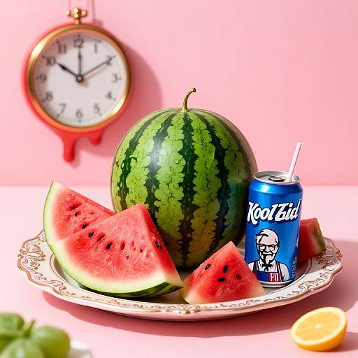 Photograph of watermelon slices, whole watermelon, blue YooHoo can, ornate plate, clock, and orange slice on pink background