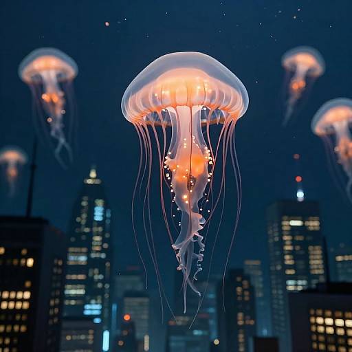 Bioluminescent Jellyfish Over Inverted City