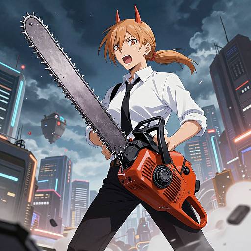 Anime-style digital illustration of a determined, brown-haired girl with red horns, wearing a white shirt and black tie, holding a red chainsaw in a