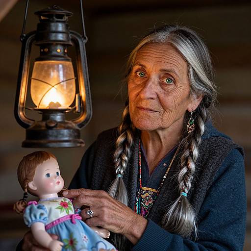 Photograph of an elderly Native American woman with long braided gray hair, holding a doll, illuminated by a lantern. She wears a black sweater and