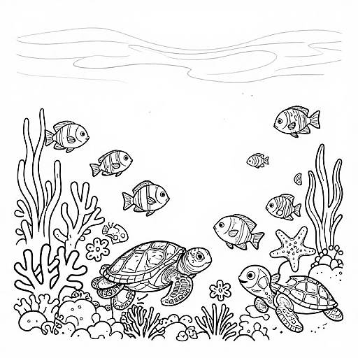 Black and white line drawing of various fish swimming among coral and seaweed at the bottom of a clear ocean.