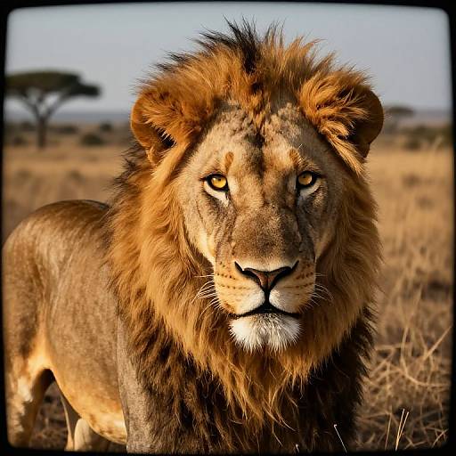 Close-up photograph of a majestic male lion with a thick, golden-brown mane, intense yellow eyes, and a focused gaze in a sunlit sav