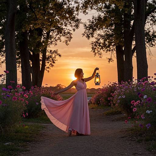 Photograph of a silhouetted woman in a flowing pink dress holding a lantern, standing in a blooming garden at sunset, framed by tall