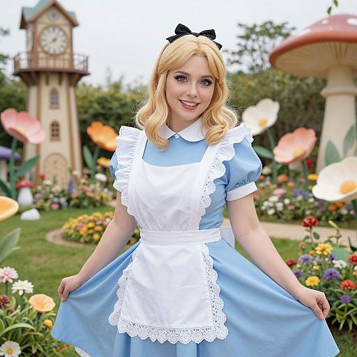 Photorealistic CGI of a blonde woman in a blue Alice in Wonderland-style maid dress with white lace, smiling in a colorful garden with oversized flowers,