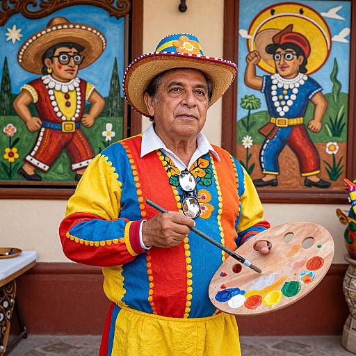 Photograph of an elderly Mexican artist in vibrant traditional attire, holding a paint-splattered palette, standing before colorful murals of children.