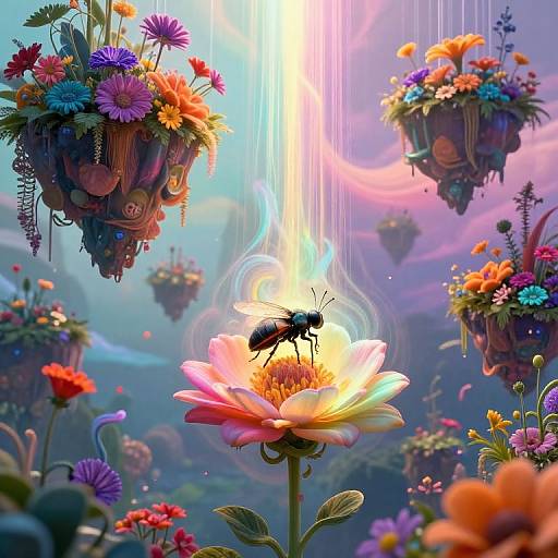 Digital artwork of a vibrant, colorful meadow with hanging flower baskets, a black bee on a glowing pink flower, and a radiant light beam in the
