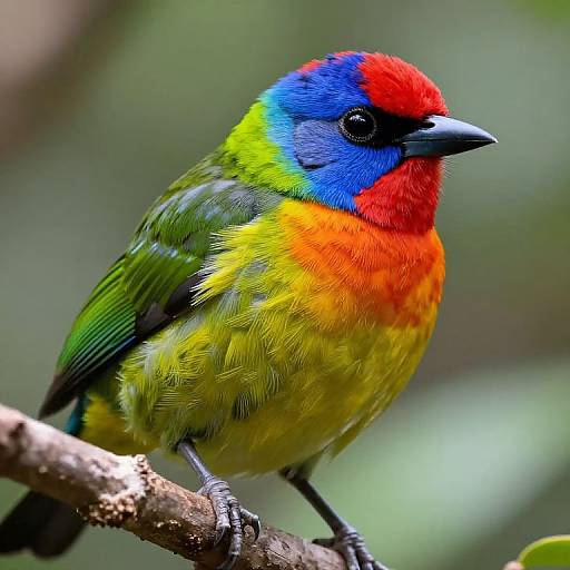 Photograph of a vibrant male Red-headed Motmot with bright red head, blue throat, yellow-green chest, and orange breast, perched on a
