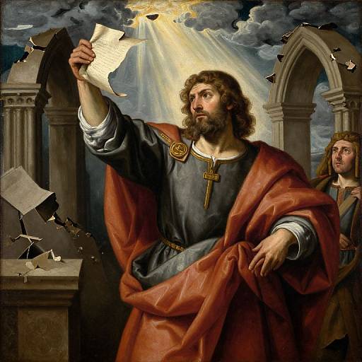 Baroque painting of bearded, curly-haired man in red robe, holding torn scroll, illuminated by divine light, amidst broken arches, with another