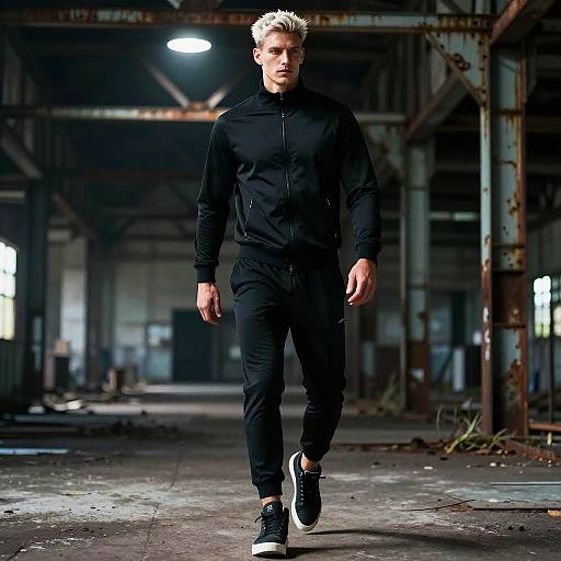 Photograph of a muscular, blond man in black athletic wear and black-and-white sneakers walking confidently through an abandoned, industrial warehouse with rusted beams and
