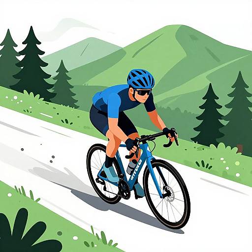 Digital illustration of a male cyclist in blue helmet and gear, riding a blue bike on a mountain road, surrounded by green hills and pine trees.