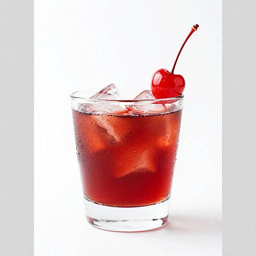 Photograph of a red cocktail in a clear glass, filled with ice, a single cherry on the rim, against a white background.