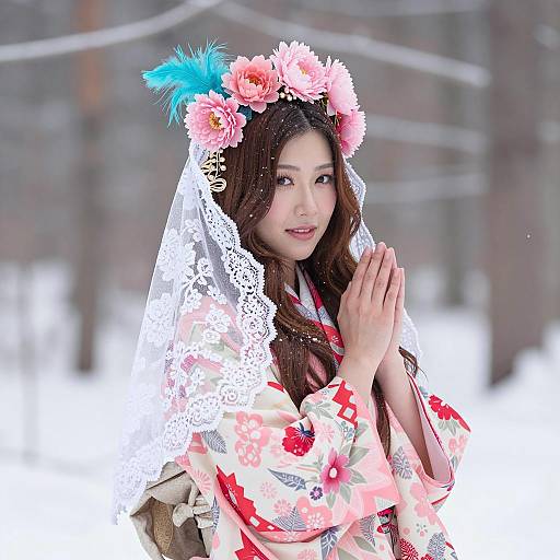 Elegant Asian Woman in Winter Wonderland