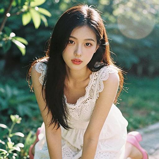 Photograph of an Asian woman with long black hair, wearing a white lace dress, leaning forward in a sunlit, green garden.