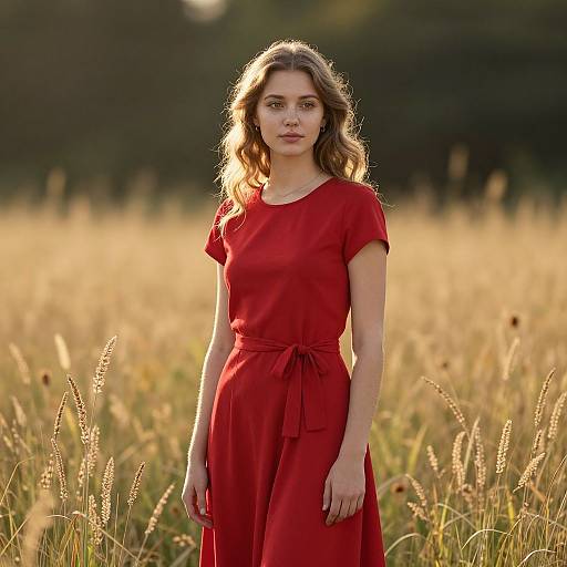 Photograph of a young woman with wavy brown hair, wearing a red dress, standing in a golden sunlit meadow, with blurred grass and