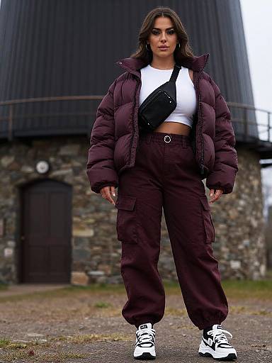 Photograph of a confident woman with long brown hair, wearing a puffy maroon jacket, white crop top, brown cargo pants, and white sneakers