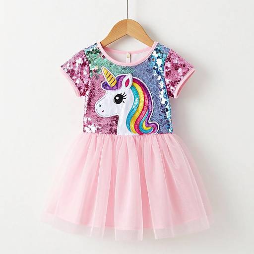 Photograph of a pink, glittery, short-sleeved children's dress with a colorful unicorn design on the chest, hanging on a wooden h