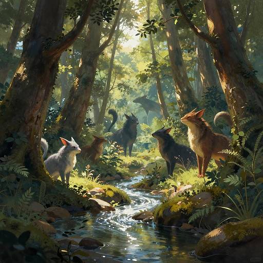Digital fantasy artwork of five colorful, anthropomorphic wolves standing in a sunlit, lush forest beside a sparkling stream. Tall trees and dense foliage frame the