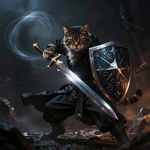 Digital art of a fierce tabby cat warrior in dark armor, wielding a glowing sword and shield, in a smoky, dark battlefield.