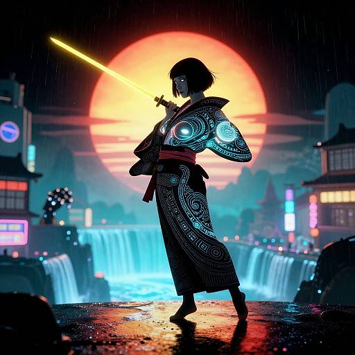 Silhouetted samurai with glowing sword, intricate kimono, and neon cityscape at night, illuminated by a large orange sun. Digital art