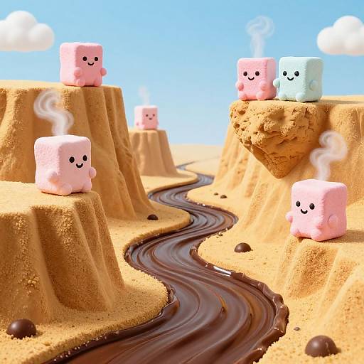 CGI image of cute marshmallow characters with smiling faces on desert cliffs, steaming, standing on chocolate river, blue sky background.