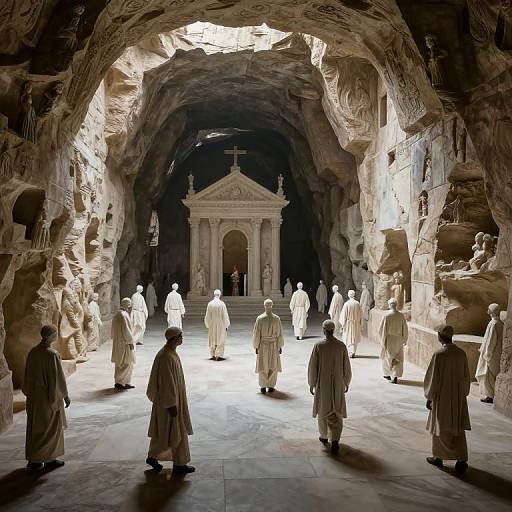Photograph of a cavernous chapel with white-robed monks, illuminated by natural light, surrounding a central marble altar adorned with a cross.
