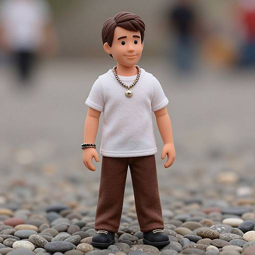 Photograph of a LEGO boy with brown hair, wearing a white shirt, brown pants, black shoes, necklace, and bracelet, standing on a pe