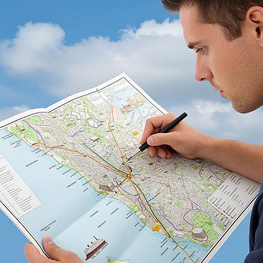 Photograph of a focused man with short brown hair, wearing a dark shirt, using a black pen to mark a detailed map against a bright blue sky
