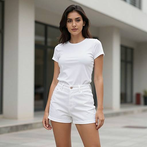Photograph of a young woman with medium brown skin and dark brown hair, wearing a white t-shirt and white shorts, standing in front of a modern