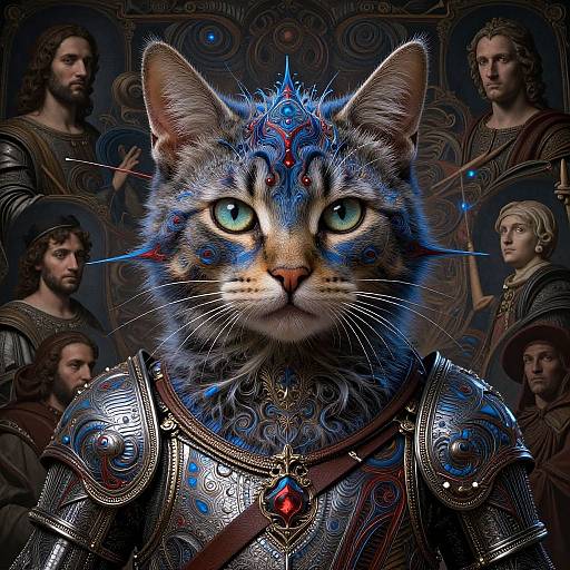 Digital artwork of a regal tabby cat with glowing blue eyes, adorned in detailed, ornate medieval armor, surrounded by serious, armored human figures