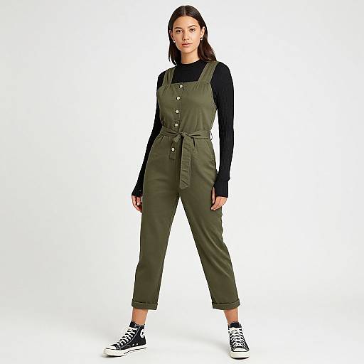 Photograph of a young woman with medium-length brown hair, wearing an olive green overall dress over a black long-sleeve shirt, black socks,