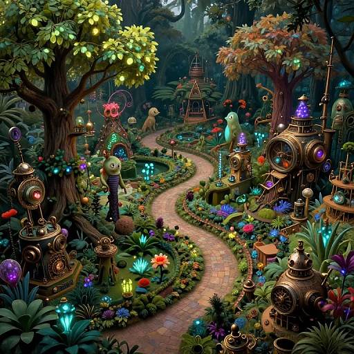 Whimsical digital art of a glowing, fairy-tale forest with a winding path, colorful flowers, and steampunk-inspired circular lanterns.