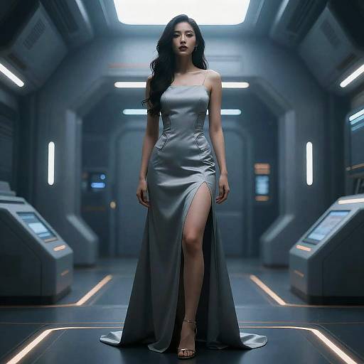 Woman in Futuristic Dress Inside Spacecraft