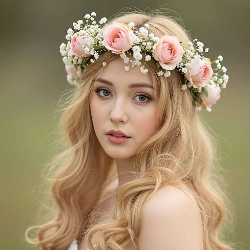 Photorealistic digital portrait of a young woman with long, wavy blonde hair, wearing a pink rose and white baby's breath flower crown, set