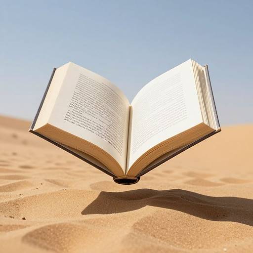 Photograph of an open book hovering above sandy desert dunes under clear blue sky, casting a shadow on the sand.