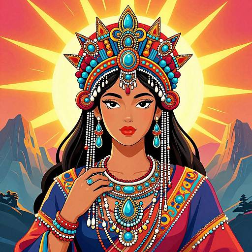 Digital artwork of a regal South Asian woman in vibrant traditional attire, adorned with elaborate jewelry and headpiece, set against a radiant sunset and mountainous