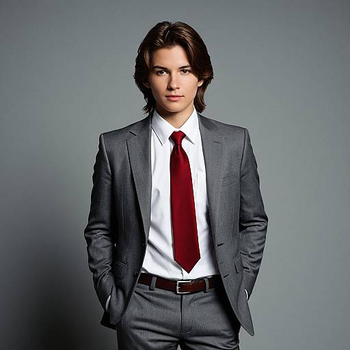 Young man in formal grey suit with red tie