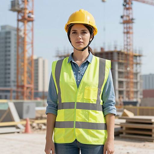 Photograph of a young woman with light skin, wearing a yellow hard hat and neon yellow safety vest over a blue shirt, standing in a construction site