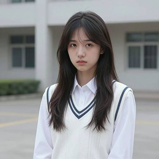 Photograph of a young East Asian woman with long black hair, wearing a white school uniform with black trim, standing in front of a blurred white building