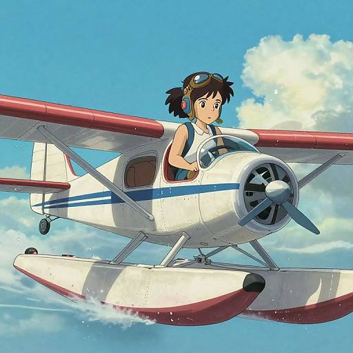 Digital anime-style illustration of a young girl with black pigtails, goggles, and blue headphones, flying a white and red biplane against a bright